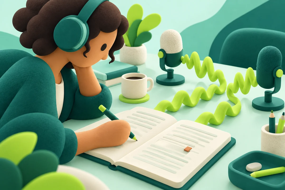 A clay-styled reviewer listens through headphones and checks a notebook beside two microphones and lime audio waves; a blank passage stays marked for review.