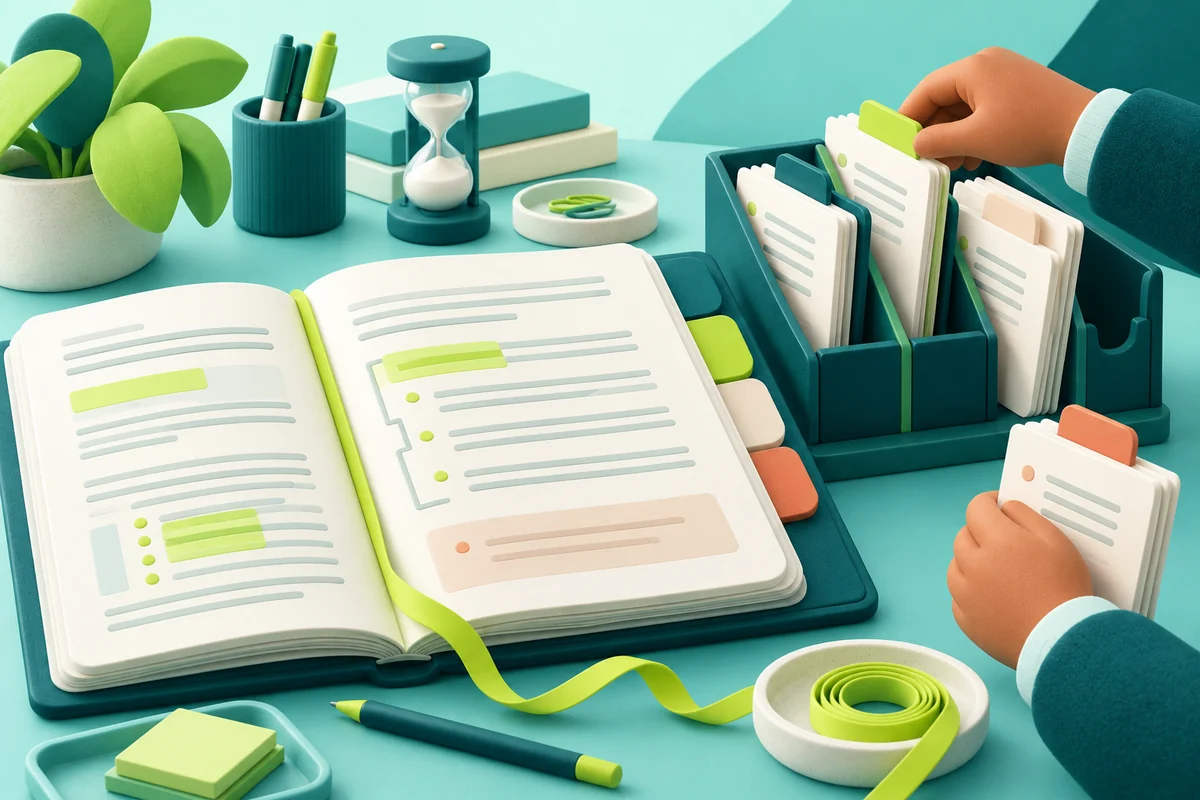 Hands sort source-linked contract duties into a teal organiser while an unresolved terracotta-tabbed packet remains separate from the open contract.