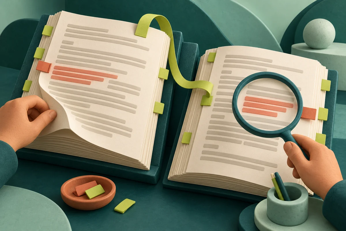Two contract folios are compared with matching lime bookmarks and a magnifier over a changed passage, preserving both versions.