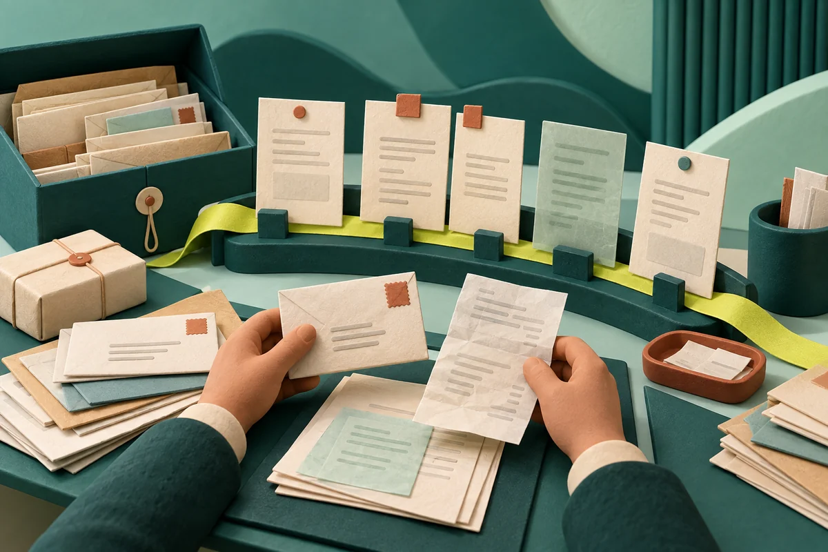 Hands compare an envelope and delivery slip beside a parcel and five separately arranged records, keeping conflicting and uncertain evidence visible.