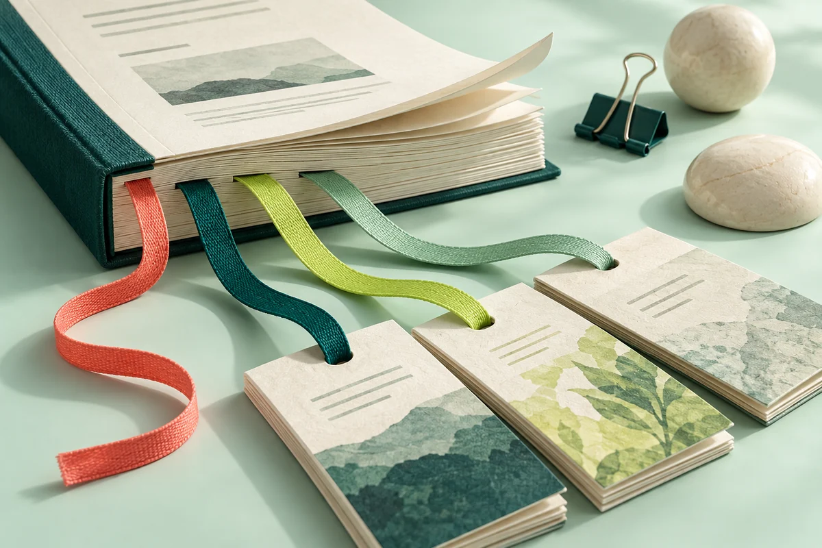 A bound report is linked by textile ribbons to source pamphlets, while one coral ribbon ends loose to show an unsupported claim.