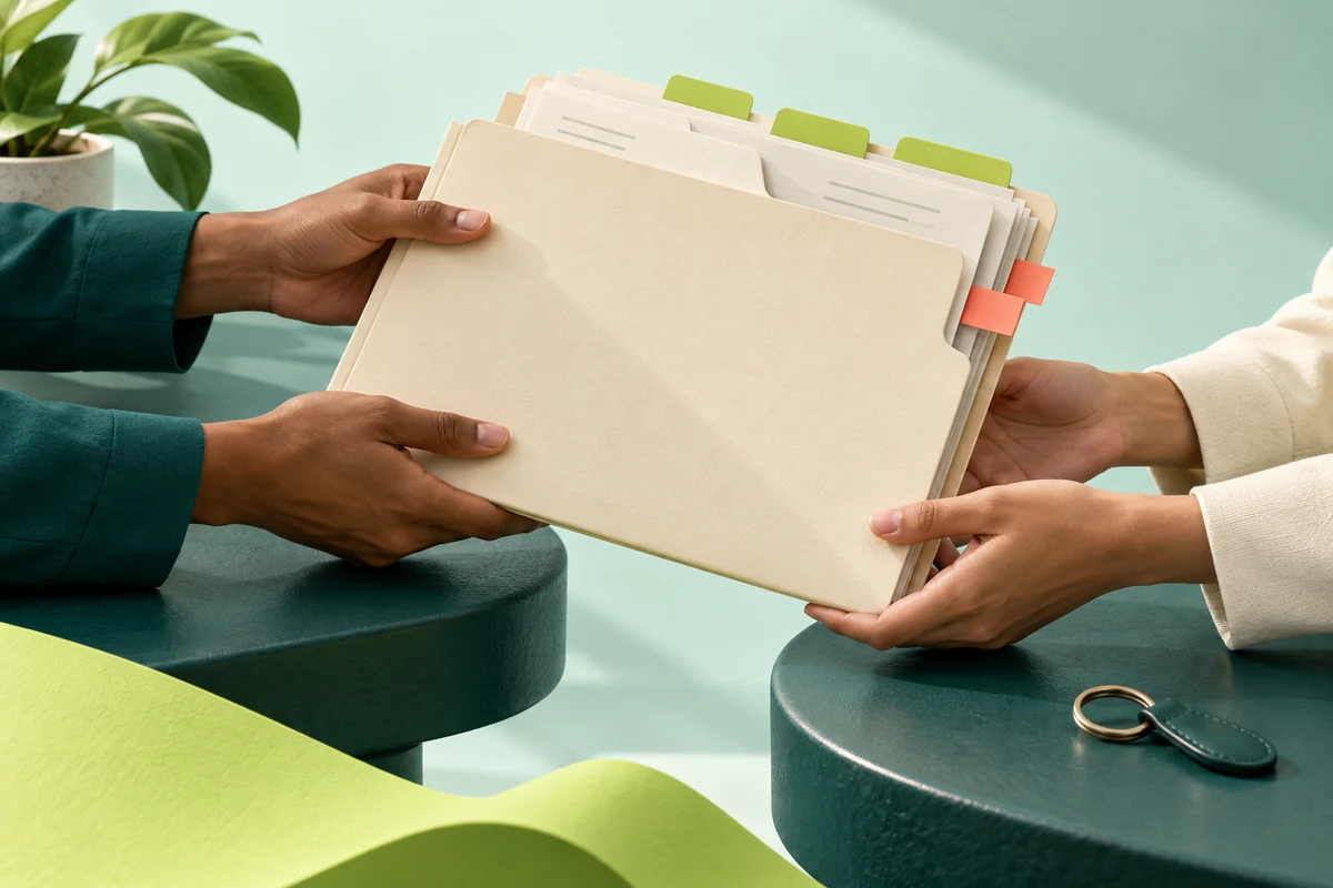 Two fictional adults pass a tabbed project folder between desks, with coral unresolved-risk bookmarks and an empty keyring kept visible.